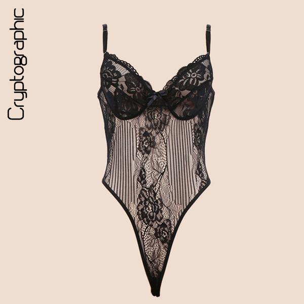 CZK 187.08 30%OFF | Cryptographic Black bow lace bodysuit women backless transparent sexy body jumpsuit rompers 2019 catsuit bodysuits slim overalls