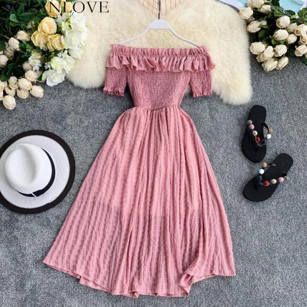 US $13.06 55%OFF | OCEANLOVE Women Summer Dresses Plaid Slash Neck Off Shouder Solid Vestidos 2019 Ruffles A-line High Waist Dress Robe Femme 11767
