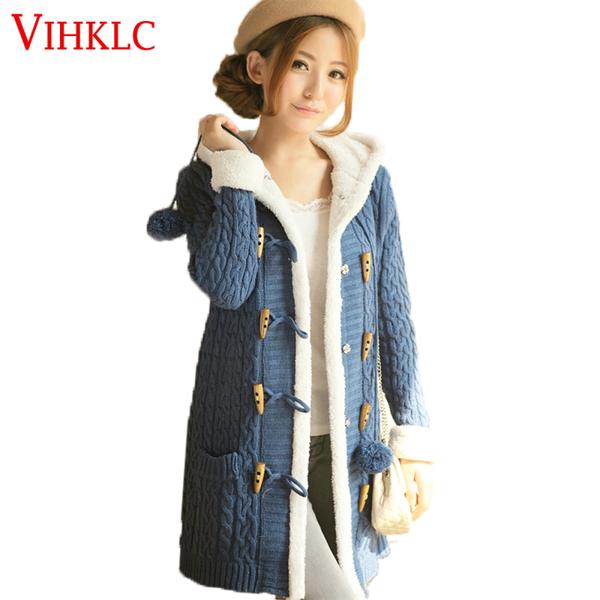 US $25.62 54%OFF | 2017 New Winter Women Sweater coat Long sleeve Pure color Single Breasted Hooded Knitted Cardigan Women Sweater Warm Slim L149
