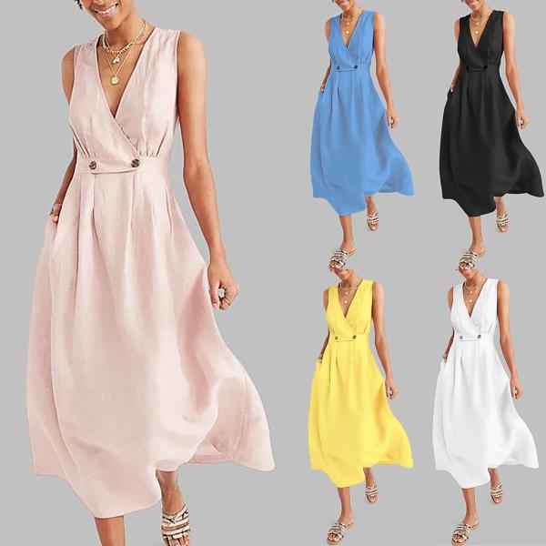 US $3.52 50%OFF | Women Dress V-Neck Pure Color Vest Sleeveless Button Easy Sandy Beach Dress Summer Ladies Party Dress Maxi Vestidos Plus Size40#