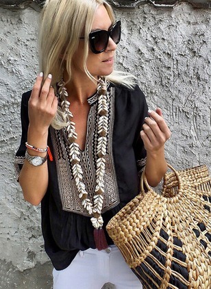 Blok barev Arabský Véčkový výstřih Krátký rukáv Halenky - Floryday @ floryday.com