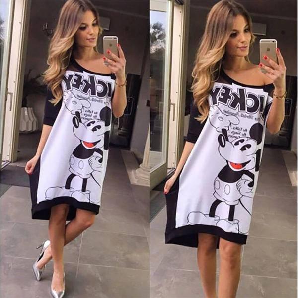 US $13.18 16%OFF | Autumn Cartoon Print Dress Women 2017 Half Sleeve Mickey Print Off the Shoulder Slash Neck Loose Dress Loose Vestidos Femme