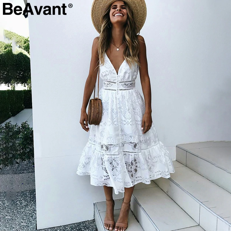 US $18.32 45% OFF|BeAvant v neck sexy lace summer dress women Strap button casual white dress female Streetwear backless midi dress vestidos 2018-in Dresses from Women's Clothing on Aliexpress.com | Alibaba Group