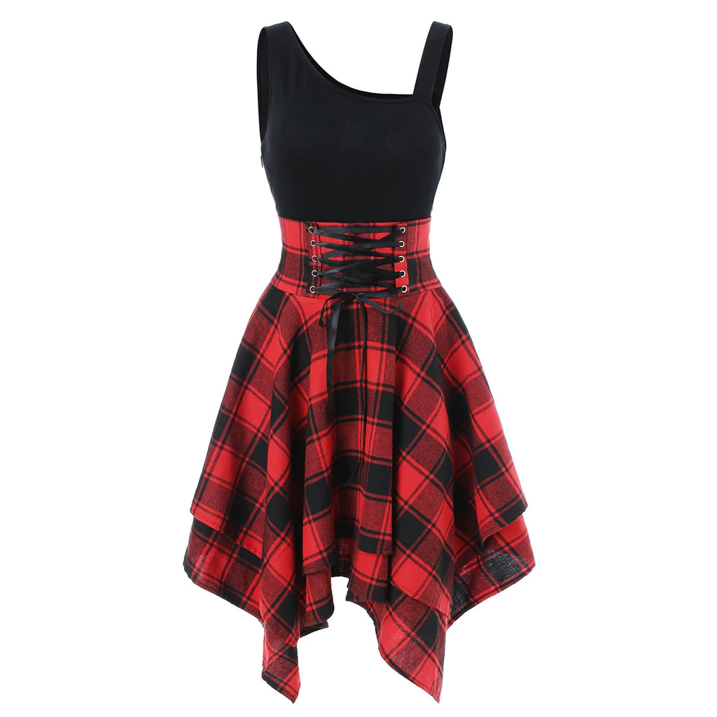 US $4.96 15% OFF|Fashion Women Sleeveless Cold Shoulder Cross Lace Up Plaid Print Irregular Dress colorful comfortable breathe fashion saia#X-in Dresses from Women's Clothing on Aliexpress.com | Alibaba Group