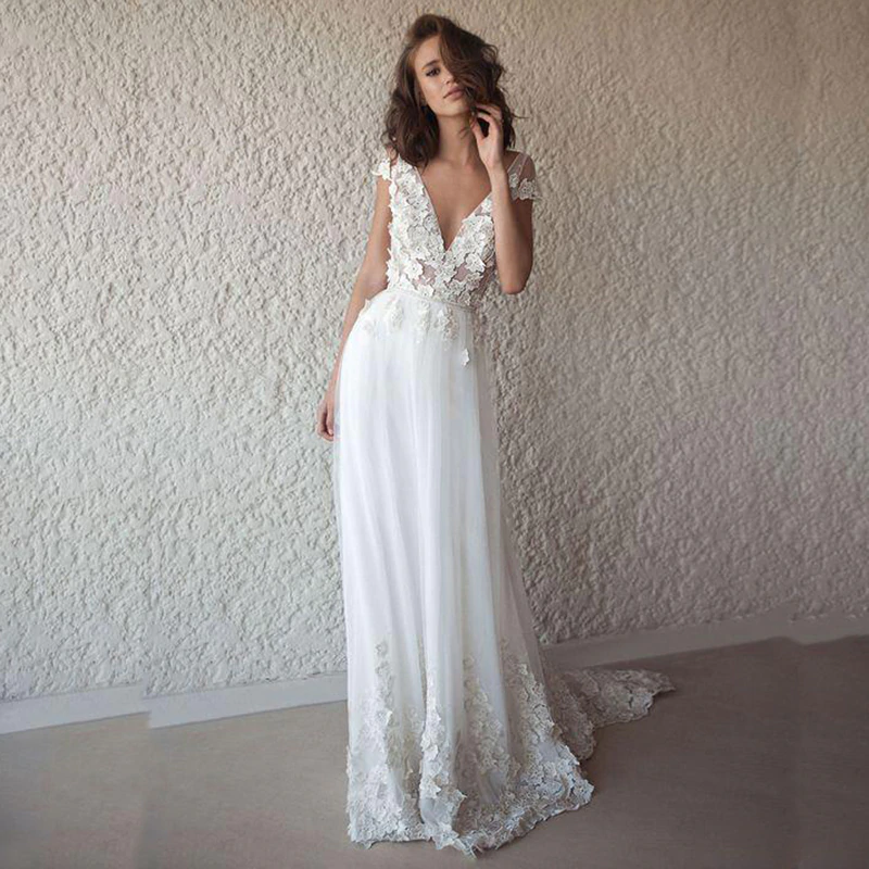 US $85.79 40% OFF|LORIE Sexy Wedding Dress Boho Long Backless White Beach Wedding Dress Appliques Lace V Neck Princess Bride Dress Free Shipping-in Wedding Dresses from Weddings & Events on Aliexpress.com | Alibaba Group