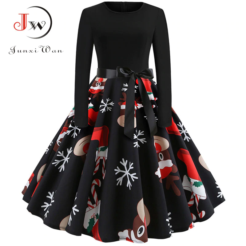 Winter Christmas Dresses Women 50S 60S Vintage Robe Swing Pinup Elegant Party Dress Long Sleeve Casual Plus Size Print Black-in Dresses from Women's Clothing & Accessories on Aliexpress.com | Alibaba Group